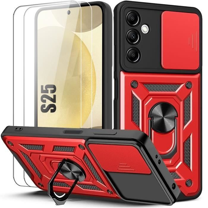 Coque + 2 Verres Trempés pour Samsung Galaxy S25 - Antichoc Support Anneau Arrière Rigide Bordure Renforcée - Rouge