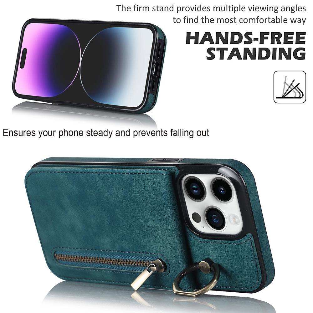 Plånbok Korthållare Flip 360° Ring Kickstand Dragkedja Läderfodral för iPhone 15 14 13 12 11 Pro Max XS MAX /Samsung S23 S22 S21 Ultra Plus A13 A14 A53