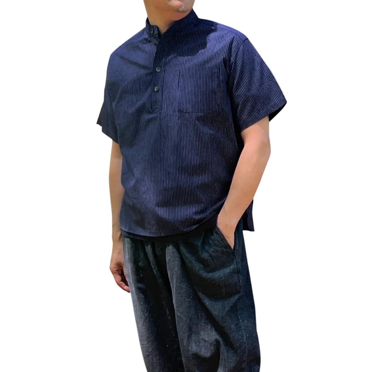 

Band collar short made in Kurume size LL [Edoten] shirt, sleeve, Japan, weave, men s, striped,