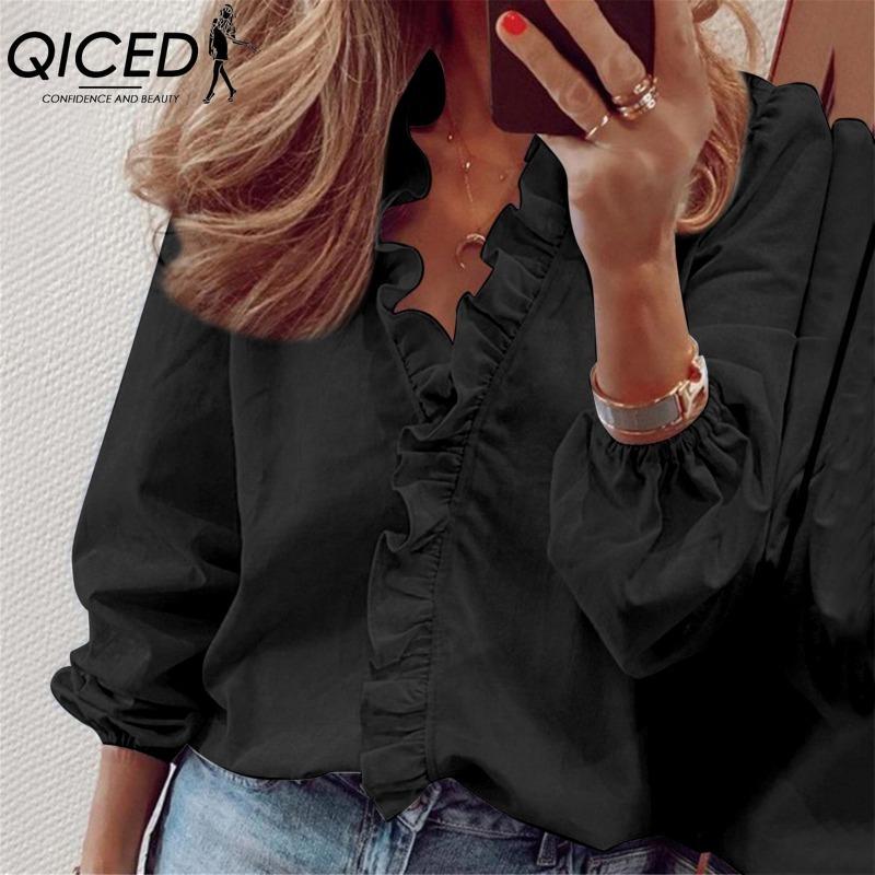 QICED Damenmode, lässig, einfarbig, langärmelig, V-Ausschnitt, Blusen und Hemden