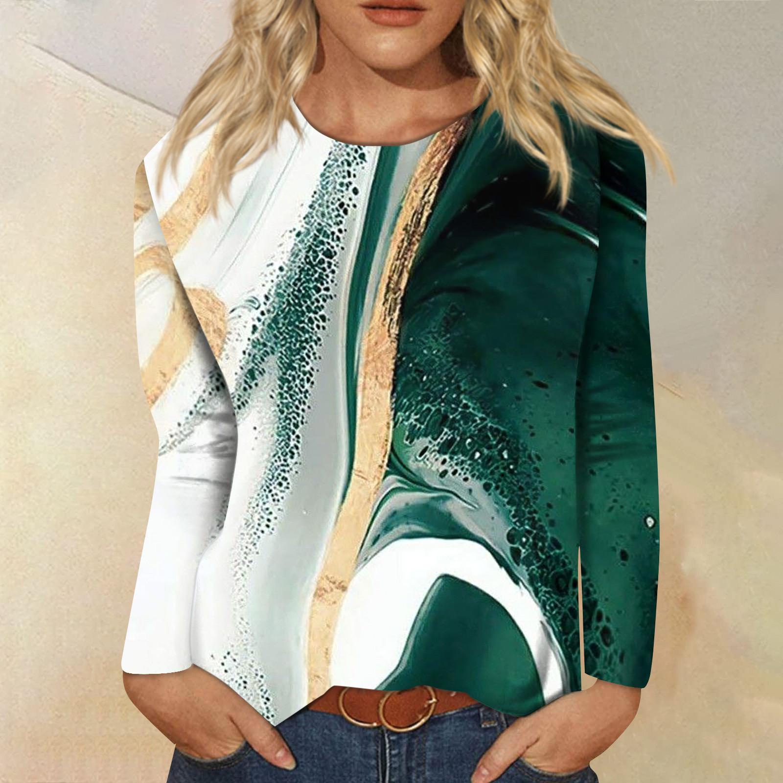 

Женская мода, повседневная блузка с длинным рукавом и круглым вырезом, пуловер с принтом L темно-зеленого