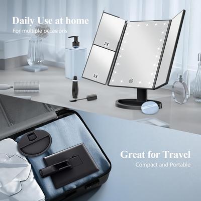 Trifold Luminous Vanity mirror,3x/2xmagnification,LED Lights and Touch Screen, 180 Degree Free Rotating Countertop Vanity Mirror, Travel Vanity Mirror
