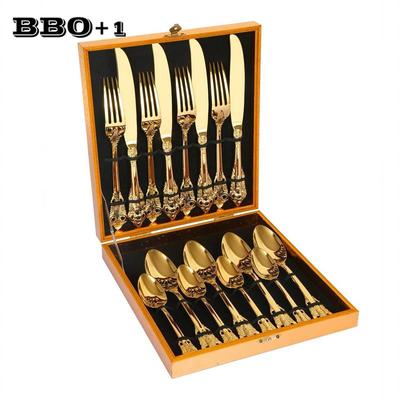 Dinnerware Set Luxury Golden Plated Wedding Retro Tableware Stainless Steel Cutlery Silverware In Box Christmas Gift 16Pcs Gold