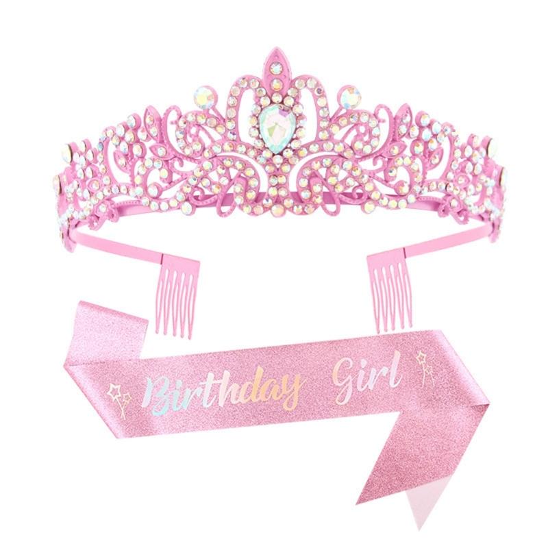 Fashionable 2pcs Rhinestones Tiaras Headband and Sash Hairpiece Hair Accesories for Women’s Birthday Party Accessories
