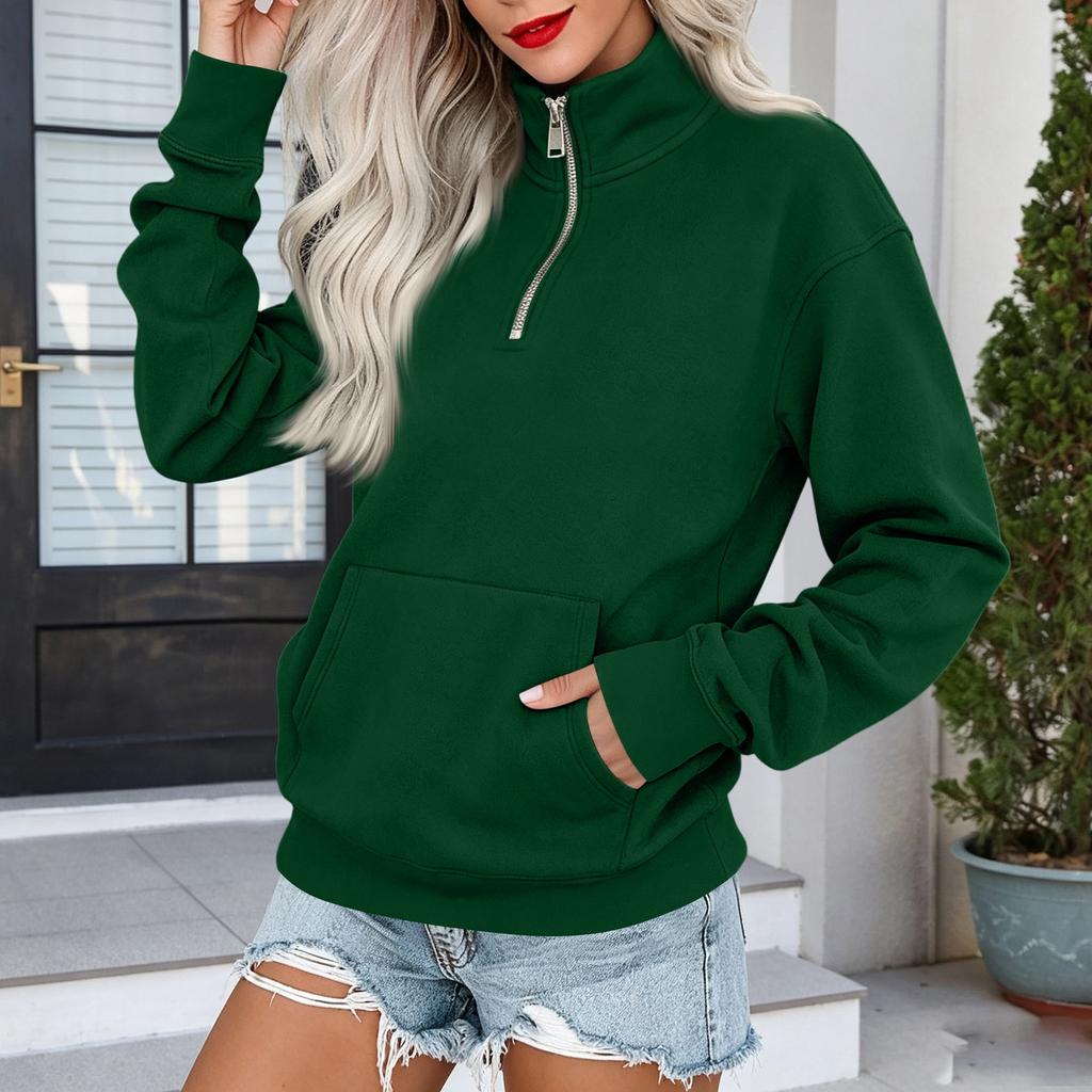 Women's Loose Fit Zip Up Sweatshirt Color Round Neck Long Sleeve Top