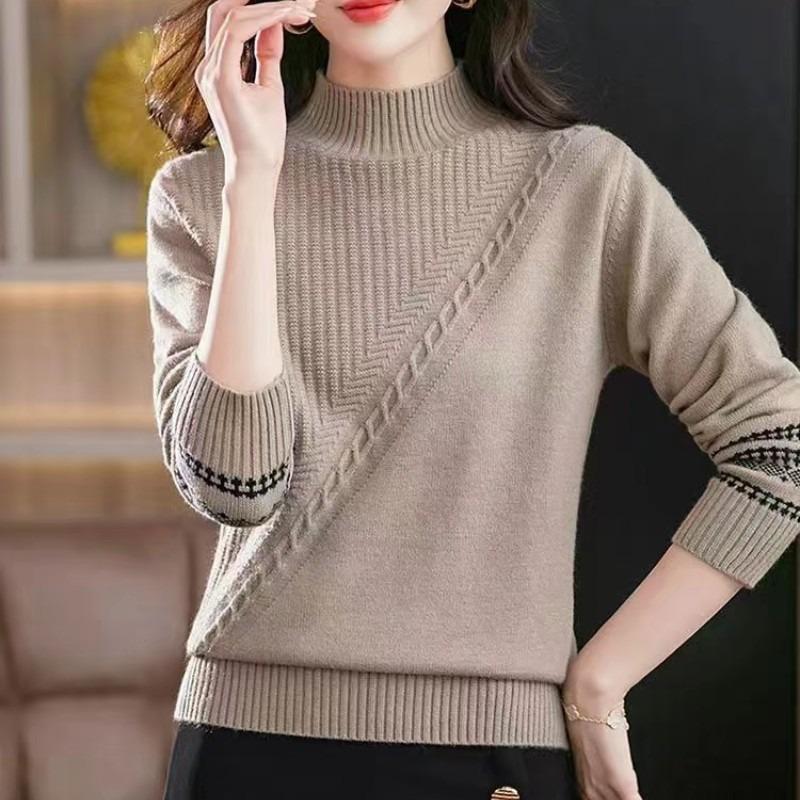 Winter New Semi-turtleneck Pullover Lazy Temperament Fashion Jacquard Loose Knitted Bottoming Sweater Women