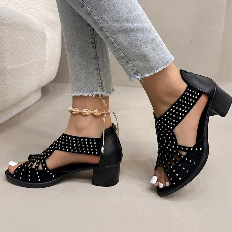 Crystal Decoration Peep Toe Sandal Women Fashion Hollow Out Black Sandals Ladies Summer 2025 Comfort Cover Heel Sandalias Mujer