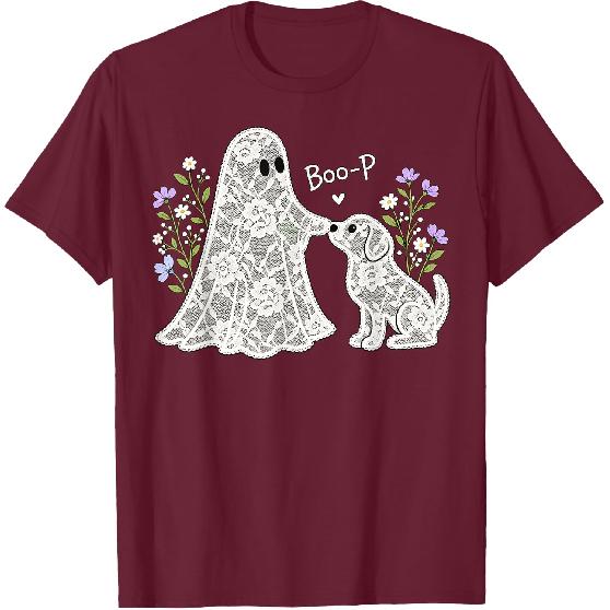 Boo-P Floral Ghost and Dog Halloween Boop Humor Design T-Shirt