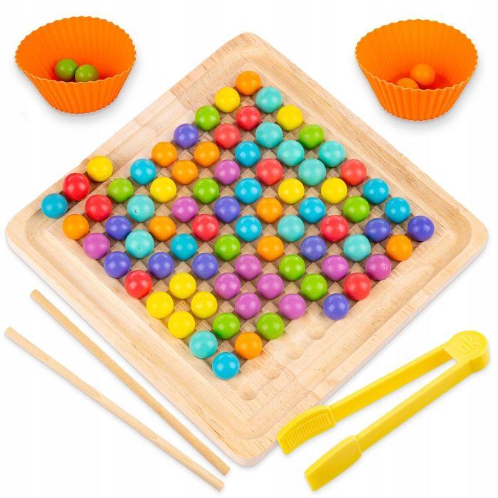 Puzzle Montessori En Bois À Billes Colorées - Apprendre Les Couleurs Et Compter, Avec Pinces Et Baguettes (KP9852)