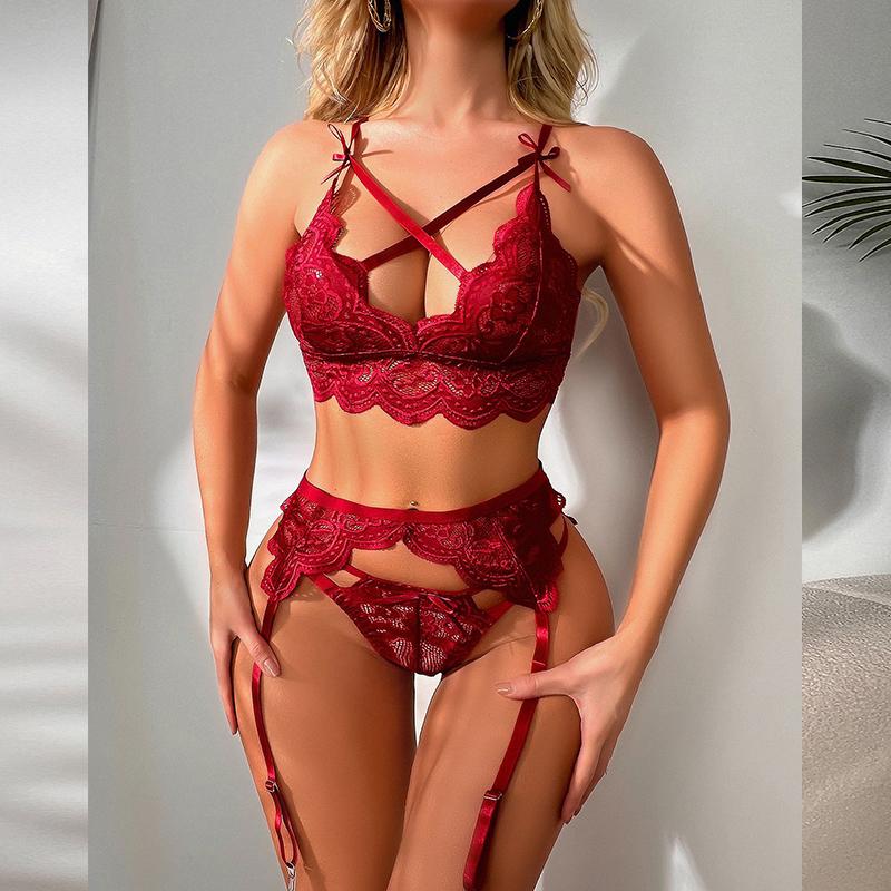 Erotic Sexy Lace Lingerie Set Delicate Bra Panties Sets Teddy Underwear Summer See-Through Bras Garter Thong Sensual Body Suit