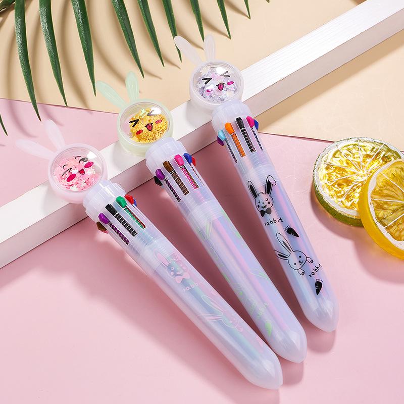 Korean 10-Color Glitter Rabbit & Cat Ballpoint Pen Set - Multifunctional & Transparent for Journaling