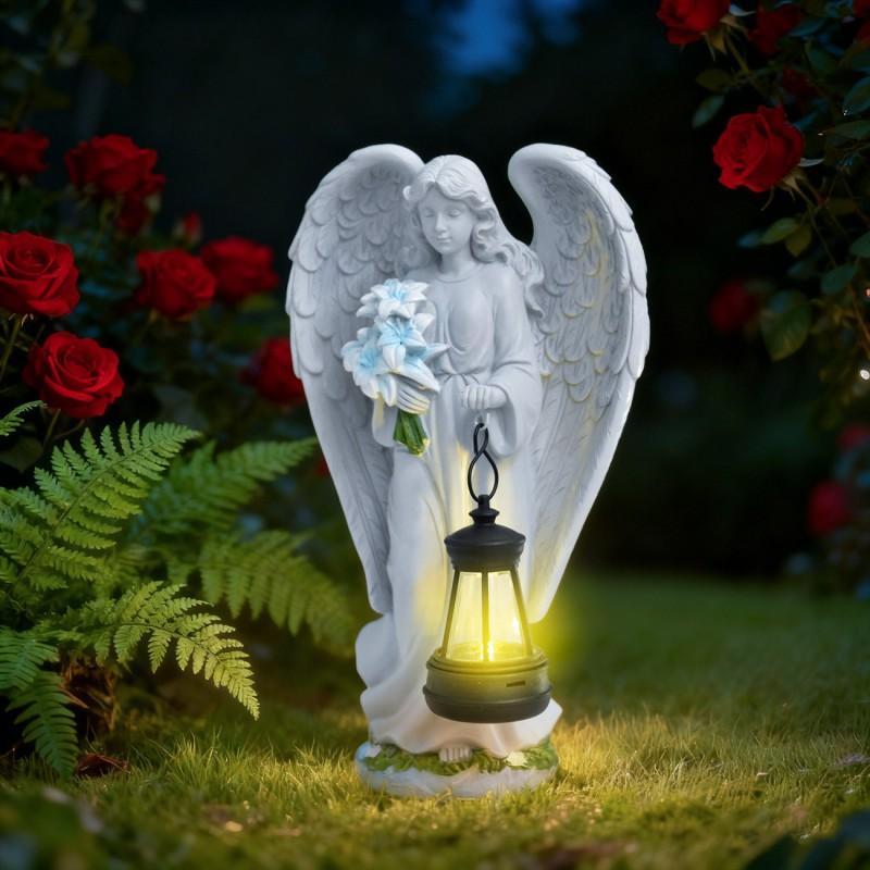 Solar Powered Outdoor Garden Angel Statue With Lantern Decor Yard Patio Villa Lawn Lighting