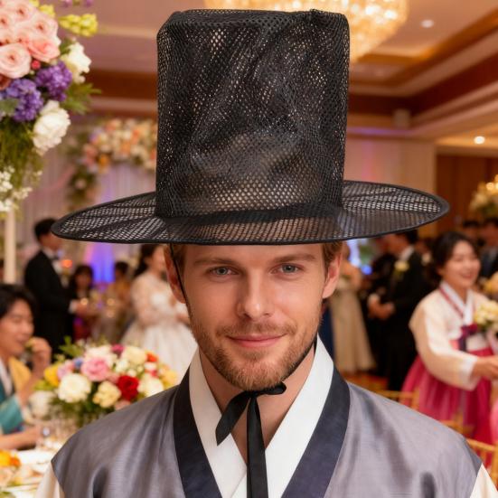 Adult Korean Traditional Performance Hat Quick-Fold Flat Top Hat with Wide Brim UV Protection Cosplay Black Hat