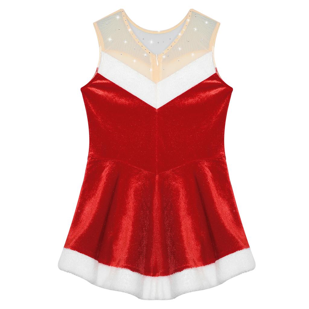 Girls Santa Claus Costume Soft Flannel Design Sleeveless Sequins Ballet Dress Ice Skating Bodysuit
