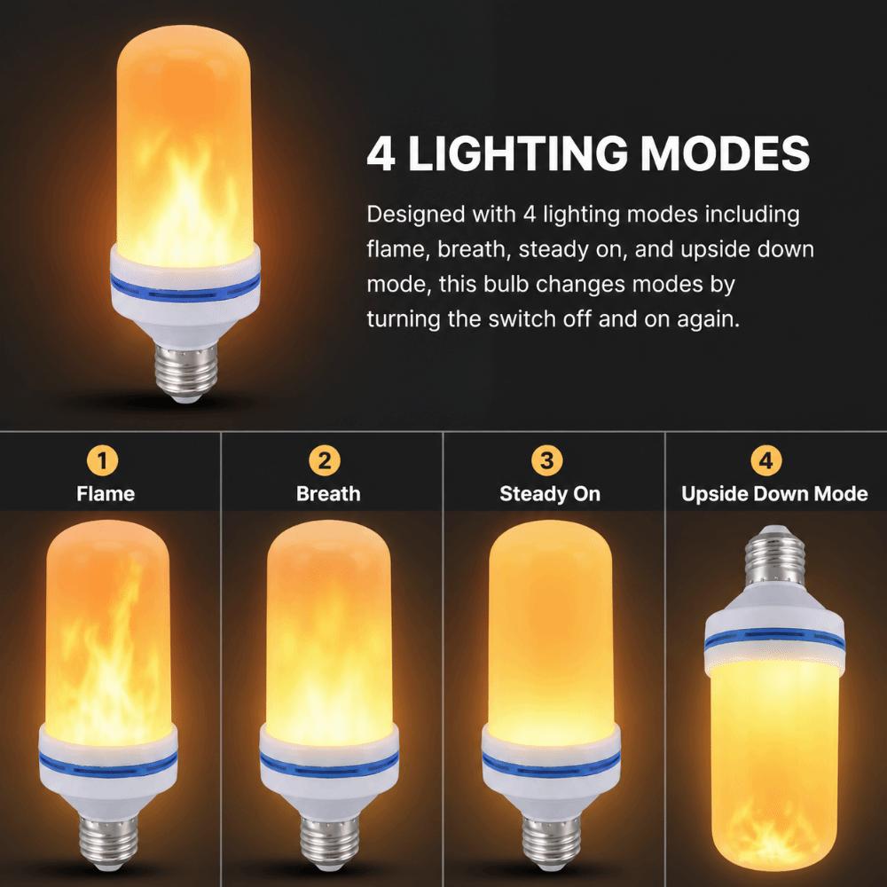 2 Pack 3W LED Flame Light Bulbs 4 Modes E26 Base Flickering Light Bulbs AC 85‑265V Upside Down Effect Fire Light Bulbs
