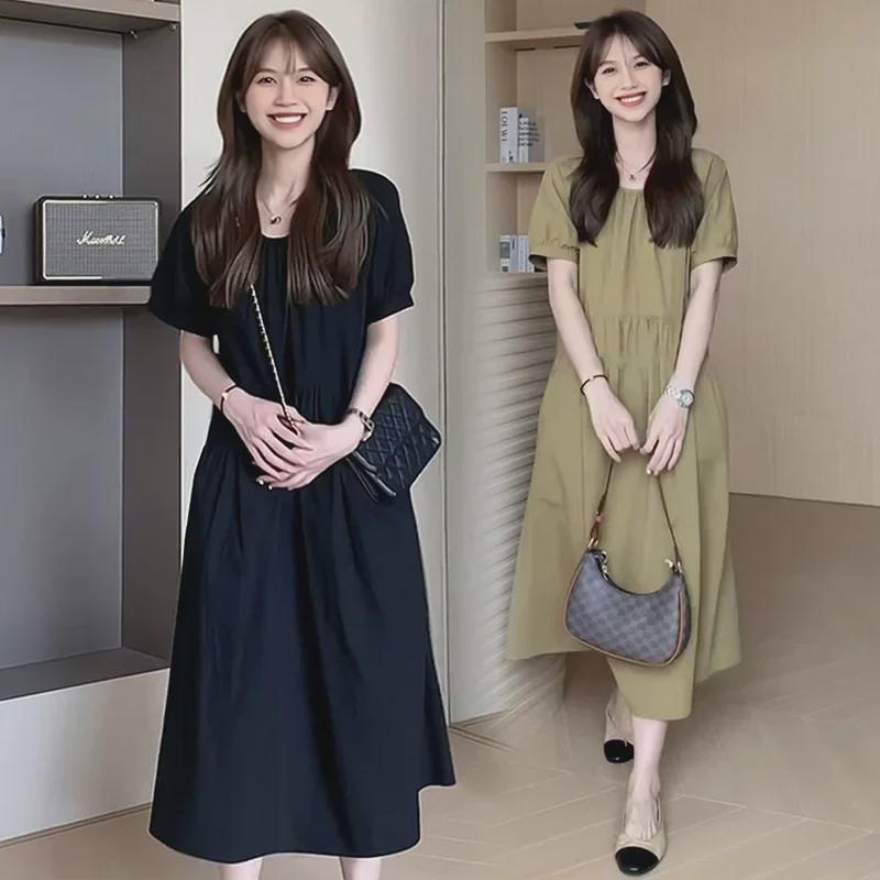 Sommerliches Midi-Kleid im koreanischen Stil, locker, einfarbig
