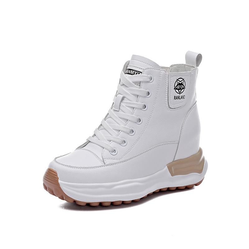 Damenschuhe Leder Herbst neu Muffin Einzelschuhe vielseitig High Heel dicke Sohle Innenhöhe erhöht lässige High Top Schuhe Stiefeletten