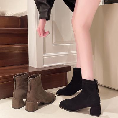 2025 Autumn and Winter New British Style Suede Short Thin Boots French Rear Zipper Square Head Thick Heel Short Boots Women