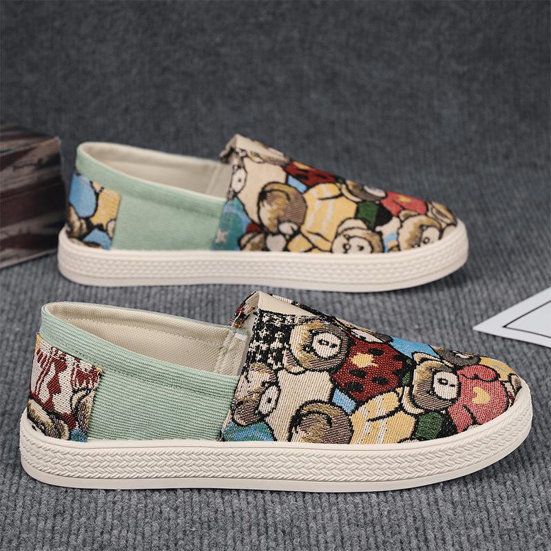 2024 Spring New Shoes for Men Casual Shoes Bear Print Flat Shoes Youth Street Cool Slip-on Loafers