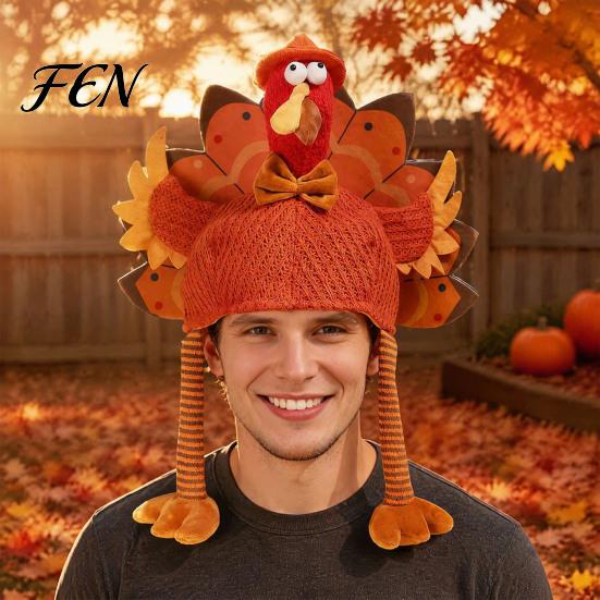 Holiday Costume Accessory for Thanksgiving Funny Turkey Hat Adults, Accessory, Novelty Soft Fun Headpiece Knitted Women, Men, Fall Party Skin Friendly