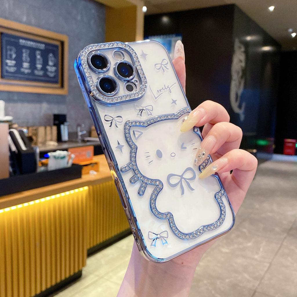 Electroplating Three-dimensional Point Drill Cute Cat iPhone16Promax Mobile Phone Case for Apple 15 Bow 14/13