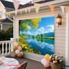 Spring Lake Nature Tapestry, Yellow Flower & Green Tree Background Cloth, Calming Landscape Wall Decor