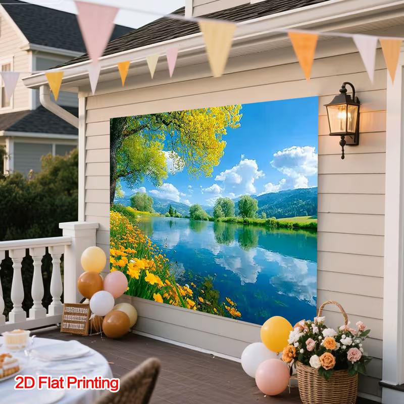 Spring Lake Nature Tapestry, Yellow Flower & Green Tree Background Cloth, Calming Landscape Wall Decor