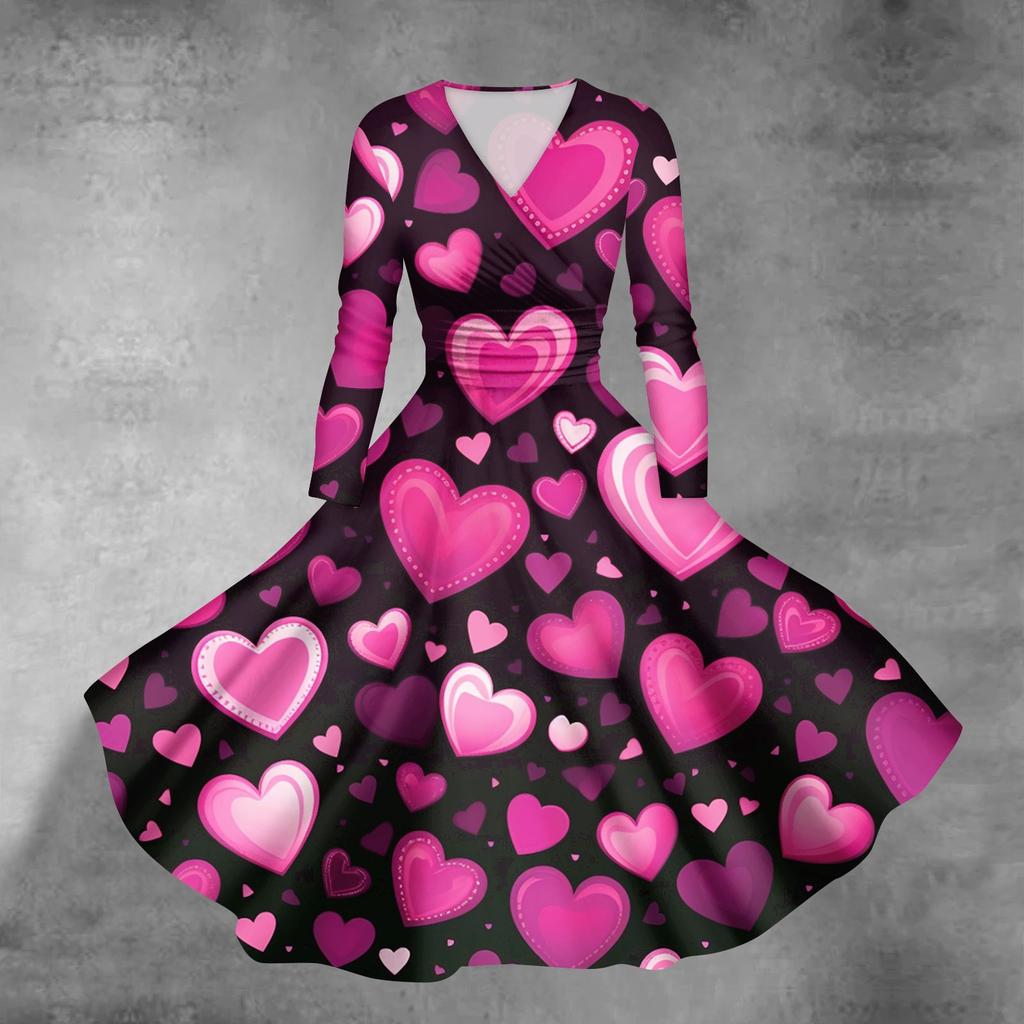 Women's Fashion Casual Valentine's Day Printed Long Sleeve V-Neck Sexy Dresses