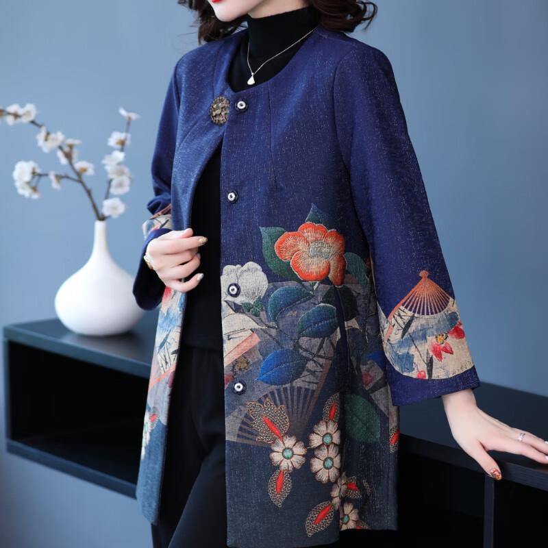 Women's Autumn Floral Print Wool Blend Coat