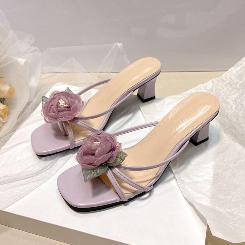 Shoes Womens Slippers Outdoor Thin Heels Luxury Slides Heeled Mules Flower Pantofle Summer Designer High 2025Floral Elegant Pum