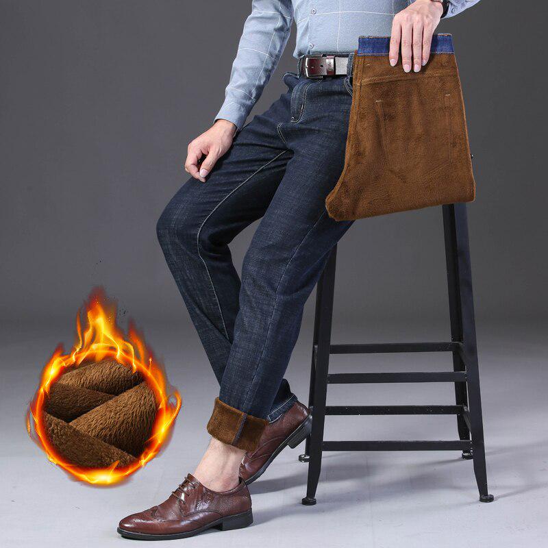 Plus Size Winter Men 'S Warm Jeans Classic Style Business Fleece Thick Stretch Denim Trousers Male Brand Black Blue