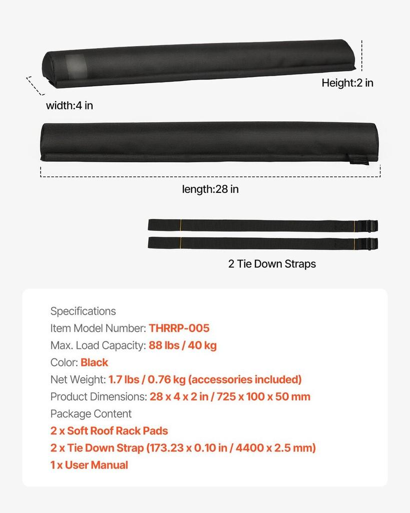 Roof Rack Pads for Crossbar 88lbs Load Capacity for Kayak Canoe Surfboard