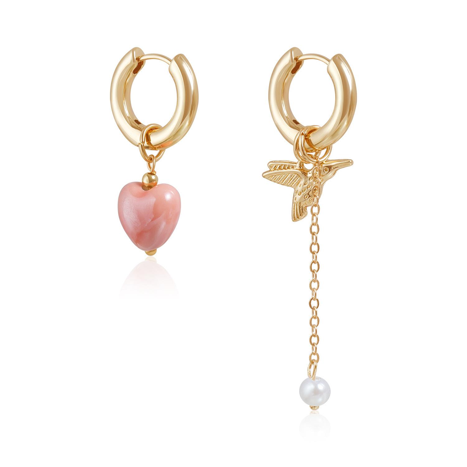 

Retro Trendy Geometric Stereo Pink Heart-shaped Bird Pearl Tassel Asymmetrical Dangle Earrings for Women Jewelry Accessory Gifts золотой