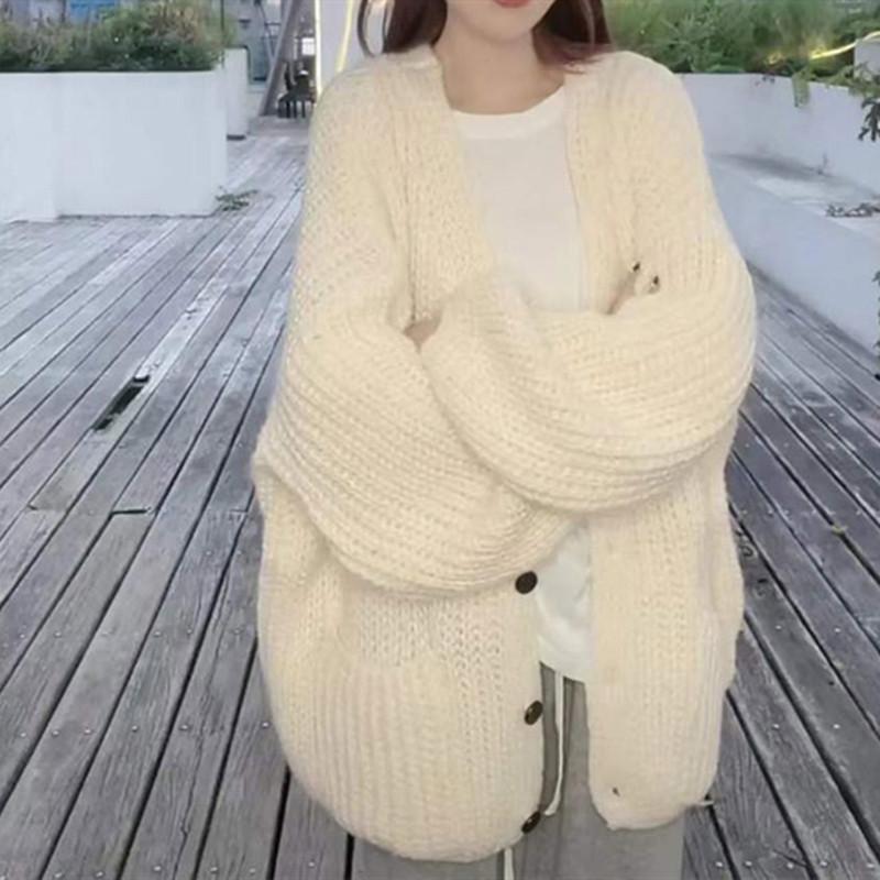 Weich Grün Lässiger Wind Strickjacke Jacke Pullover Damen Herbst und Winter Locker Langärmlig Gestrickte Oberbekleidung Tops Bequem Vielseitig und Modisch