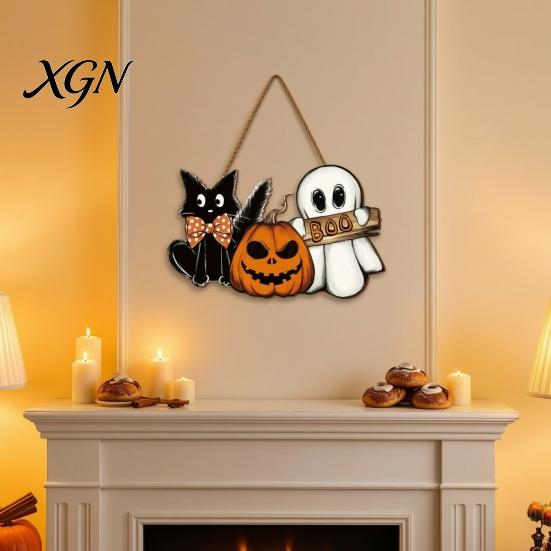 Boo Wall Art Signs Halloween Wooden Welcome Door Sign, Vintage Black Cat Jack-o-lantern Ghost Hanging Event Venue Supplies Decoration, Horror Hangings