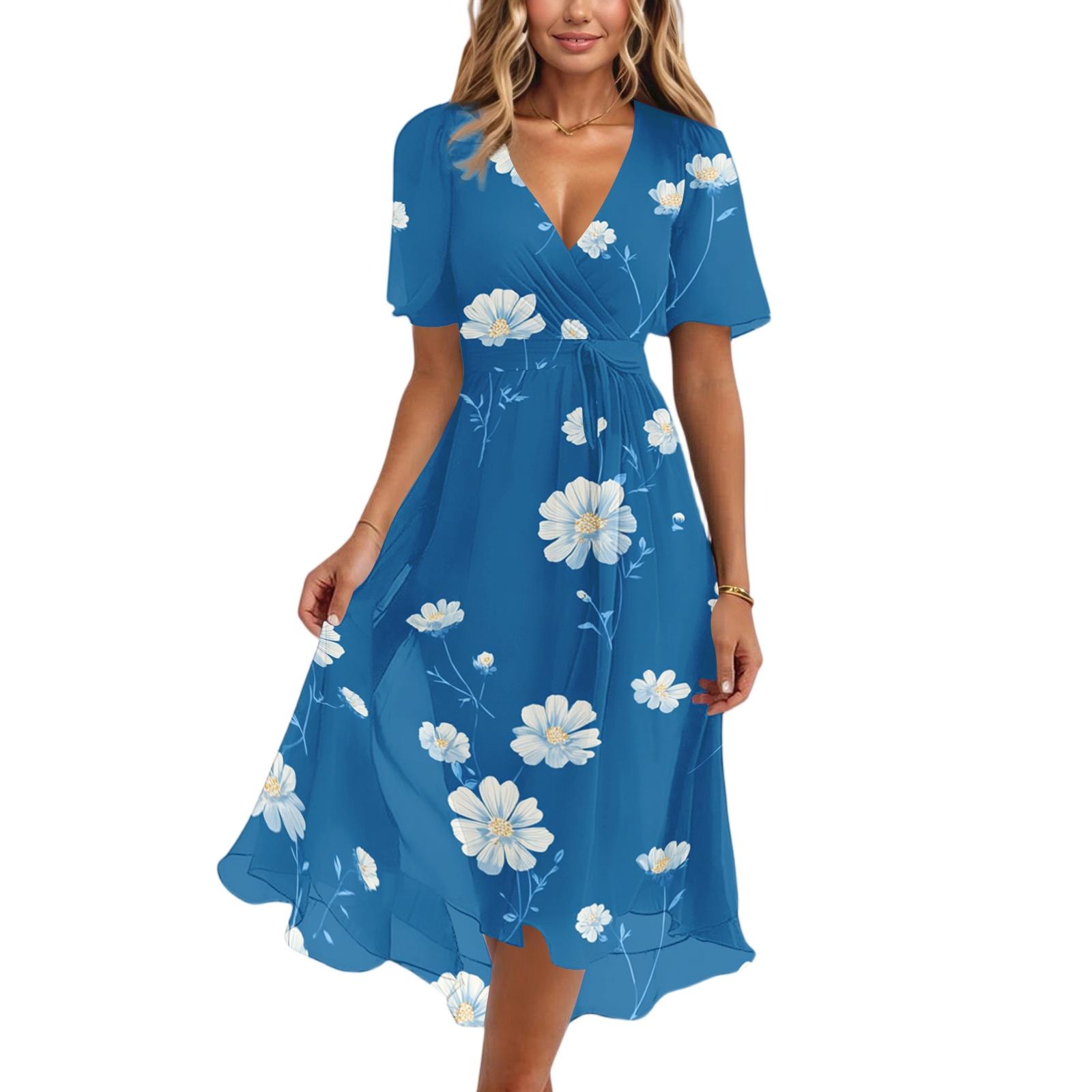 

Women Casual V Neck Short Sleeve Floral Print Dress Midi Length Wrap Style Summer Dress for Daily Wear XXL синий
