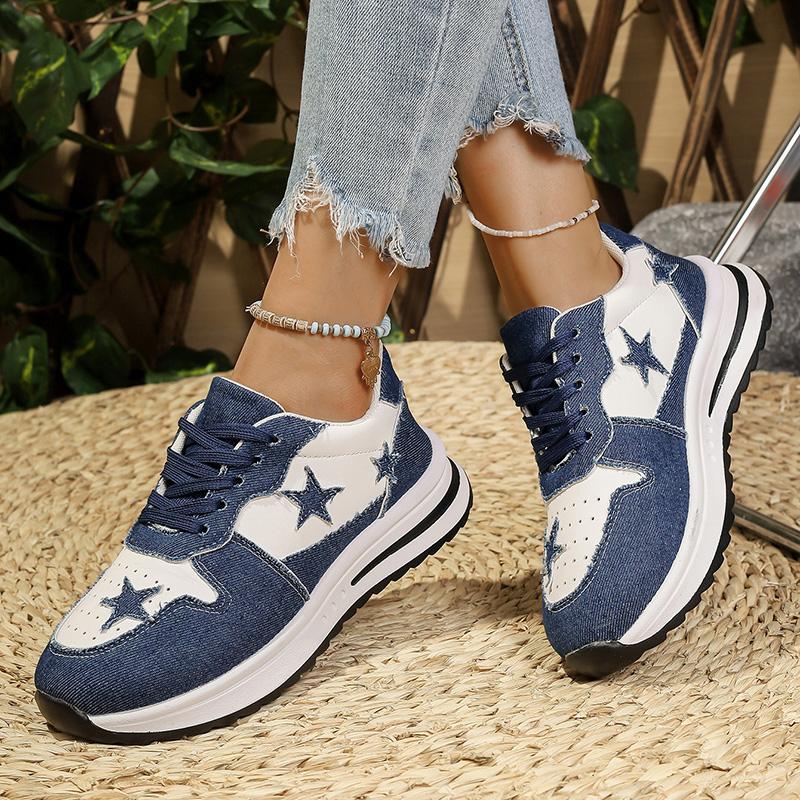 Fashion Mix Color Star Decor Platform Sneakers Women Patchwork Canvas Thick Bottom Vulcanized Shoes Woman Breathable Lace Up Sports Shoe