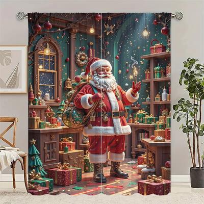 2PCS- Christmas Santa Claus Christmas Tree Pattern Printed Curtains Christmas Decorations Home Decorations Room Decorations