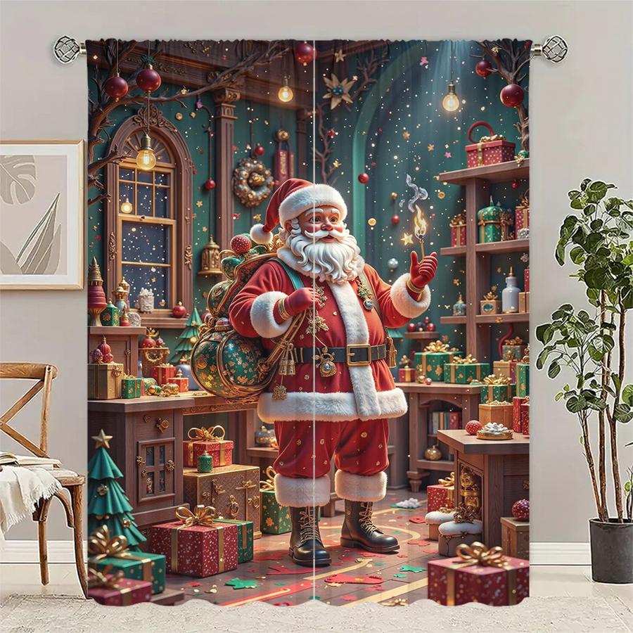 

Christmas Santa Claus Tree Pattern Printed Curtains Decorations Home Room Set Of 2 Made Polyester Modern W100*H70(CM)-Grommet top&1PCS