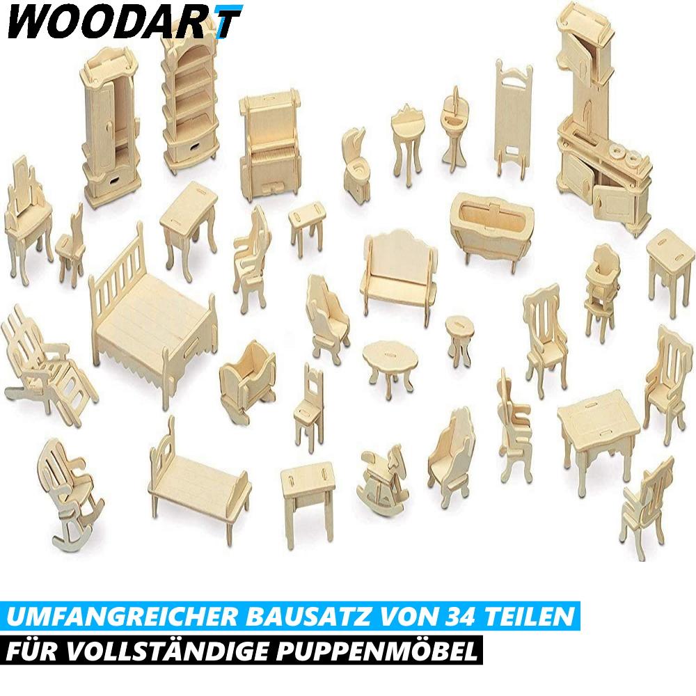 WOODART Nábytek pro panenky Dřevěná stavebnice Mini Nábytek pro panenky DIY Sada 3D puzzle [34 dílů]