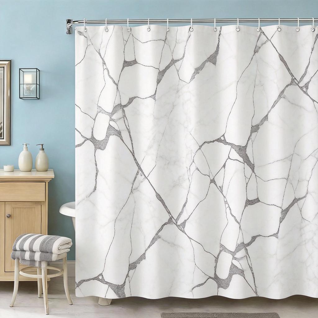 Marble Vein Shower Curtain 180x180cm – Black & White Glossy Design, Modern Minimalist Bathroom Decor, 12 Hooks