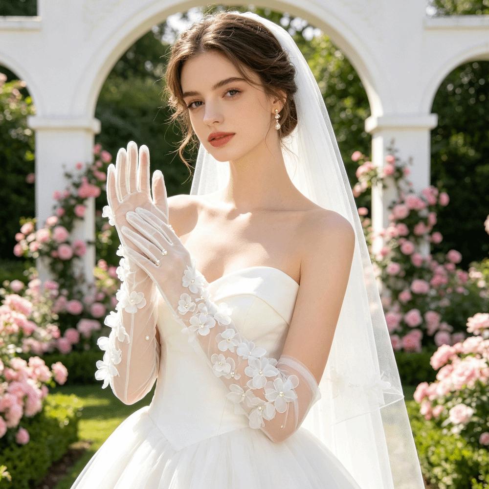 Pearl Three-Dimensional Floral Gloves Elegant Bridal Gown Accessories  Wedding Adornments