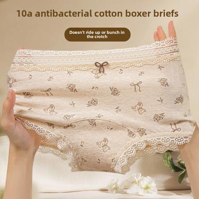 Ladies Spring and Autumn Lace Cotton 10A Antibacterial Cotton Long Crotch Waist Flat Angle Briefs