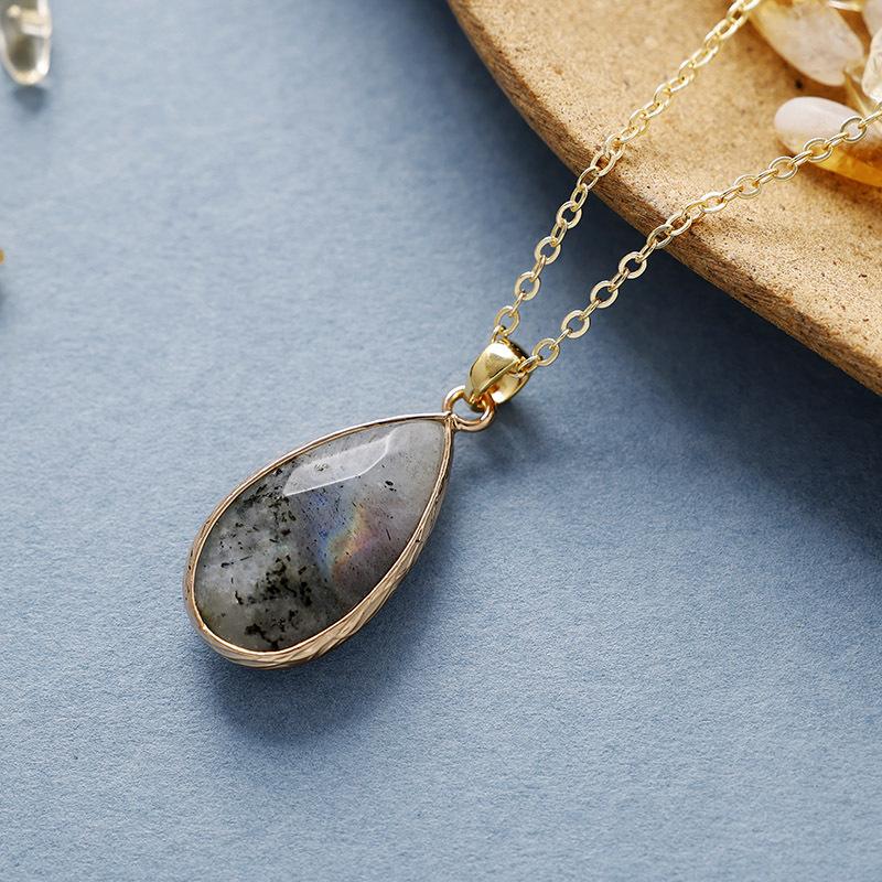 Hot Selling Simple Natural Stone Crystal Water Drop Pendant Copper Plated Real Gold Necklace Daily Jewelry