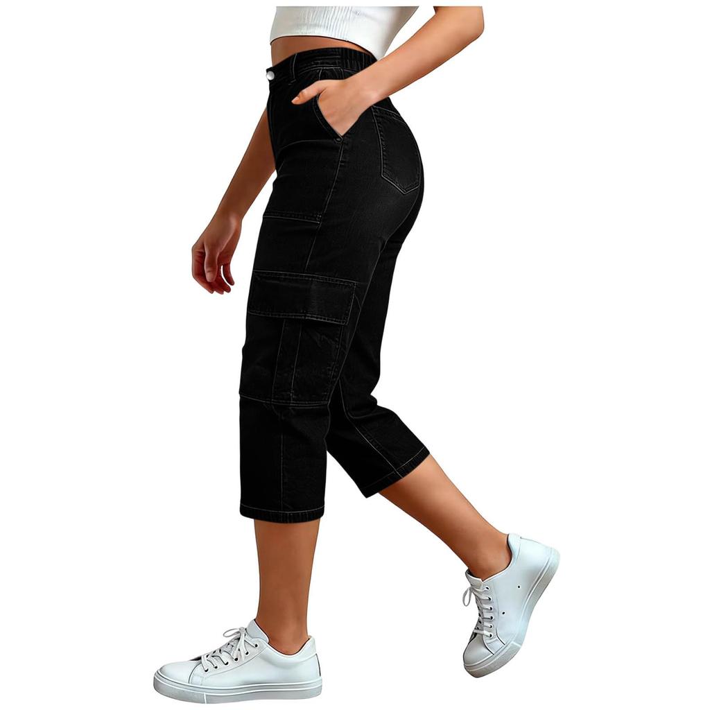 Women Denim Capri Pants Casual Loose Fit Mid Rise Stretchy Fabric Seven Quarter Length Cargo Style with Pockets