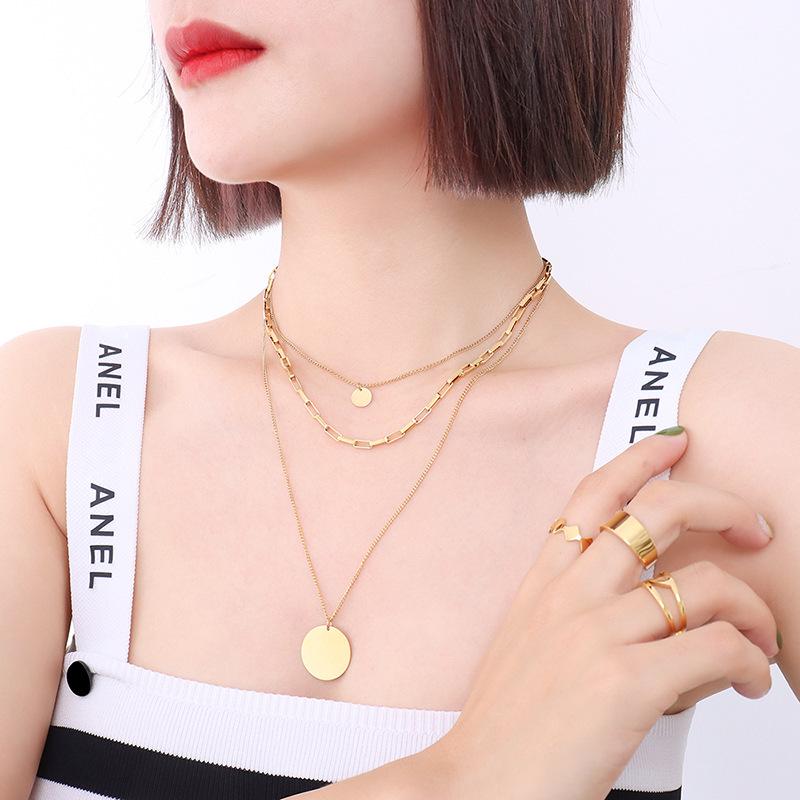 Minimalist Style Gold Titanium Three-Layer Stackable Pendant Necklace