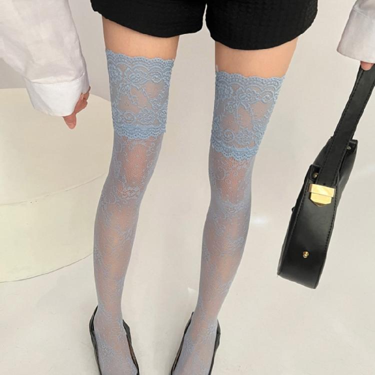 Elastic Nylon Thigh High Socks Vintage Floral Lace Fishnet Design Over Knee Stockings For Women Daily and Party Hosiery