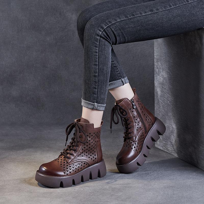 2025 Summer New Retro Cool Boots Hole Shoes Zipper Platform Shoes Ethnic Fashion Women's Shoes Women's Muffin Shoes