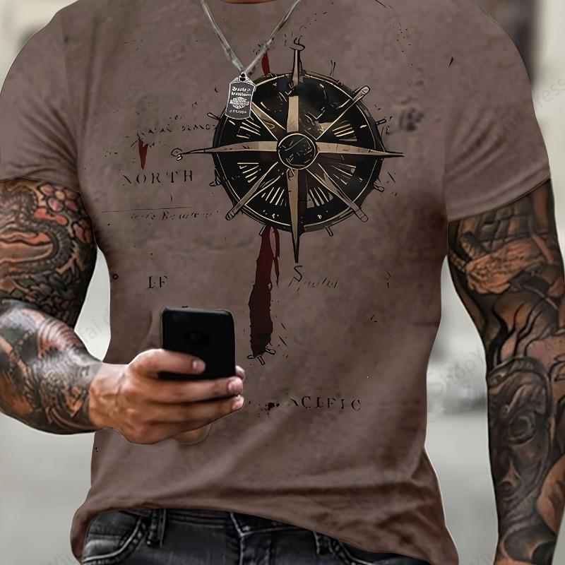 ETST42 Heren T-shirt 3D Vintage Kompas Patroon 3D Print T-shirts Buiten Kleding Mannelijk XL