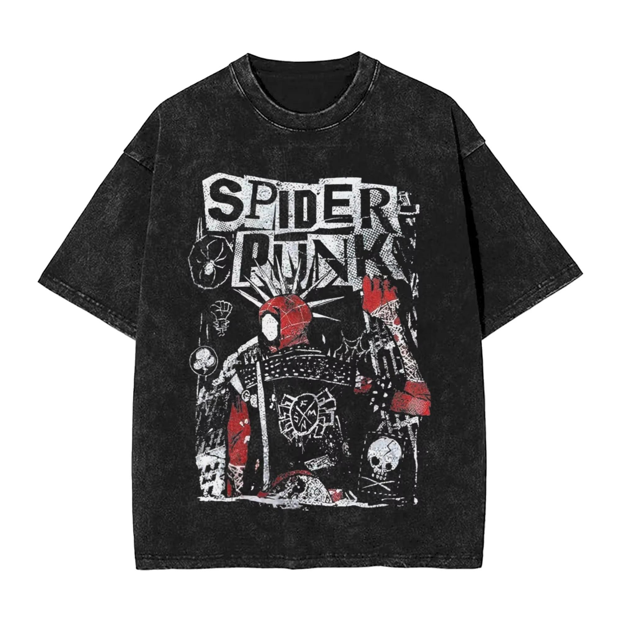 

Hot-blooded Anime Spider Punk Spiderman Cartoon Graphic Print T-Shirt Men Women Vintage Washed Cotton Summer New Tee Harajuku Fashion Oversized Top L
